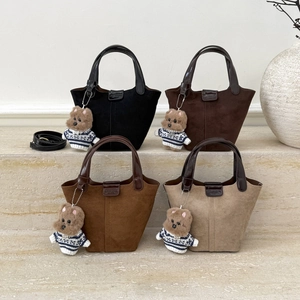 Retro suede bucket bag set in four colors with cute bear charms and leather straps