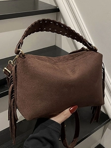 Vintage Suede Feel PU Leather Tassel Pillow Bag For Women Retro Woven Handle Crossbody Shoulder Bag Bohemian Small Handbag