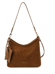 Classic brown suede tote bag with dual straps and matching envelope charm on white background