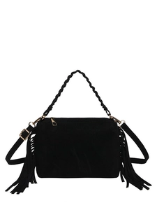 Retro black matte crossbody pillow bag with long fringe tassels and woven handles