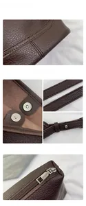 Close-up of dark brown lychee leather bag with magnetic buckle and precision stitching