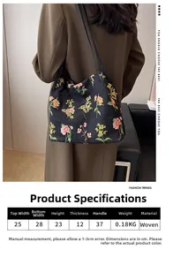 Detailed size specifications for embroidered canvas bucket bag with floral motifs