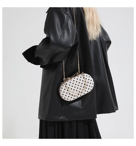 Close-up of circular polka dot handbag with gold chain strap and bow metal clasp detail