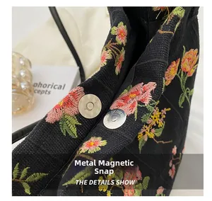 Detail of magnetic silver snap closure on black floral embroidered fabric handbag
