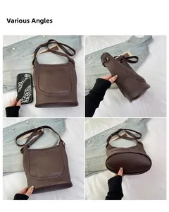 Detail shots of dark brown lychee grain leather bucket bag from multiple angles