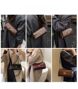 Collage de mannequins portant des sacs à bandoulière vintage brillants en marron, noir et bordeaux