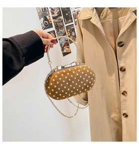 Close-up of brown suede polka dot bag featuring golden handle and bow clasp detail