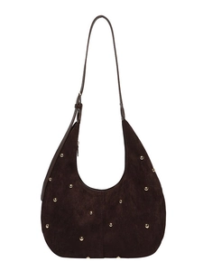 Borsa hobo in pelle scamosciata testa di moro con borchie dorate e tracolla regolabile