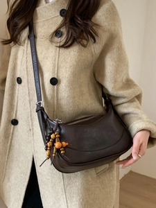Vintage chocolate brown leather hobo bag for women with decorative wooden bead charm