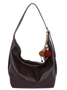 Deep brown oversized hobo shoulder bag with leather texture and bohemian charm pendant