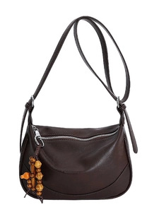 Retro large capacity dark brown crescent shoulder bag with vintage wooden beads charm