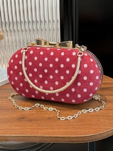 Vintage Polka Dot PU Leather Evening Bag With Metal Ring Handle And Chain Strap For Women Bow Buckle Shoulder Crossbody Bag