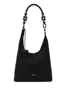 Grande borsa tote nera retrò con tracolla in perline di legno bohémien e finitura opaca