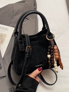 Vintage PU Leder Beuteltasche Für Damen Retro Spleißen Umhängetasche Mit Holzperlen Quaste Griff Schultertasche Mode Täglich