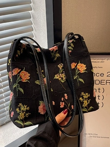 Vintage Floral Embroidery Canvas Tote Bag For Women Large Capacity Shoulder Bucket Bag Retro Ethnic Style Embroidered Handbag
