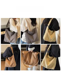 Viste multiple della borsa in tela di grande capacità con tracolla regolabile e tasche