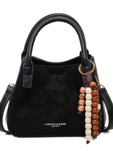 Mode schwarze Leder Beuteltasche mit Retro Holzperlen und abnehmbarem Schultergurt