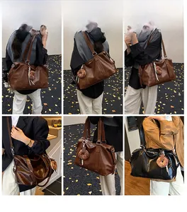 Detailed views of large fashion tote bags in brown and black with donut charm accessories