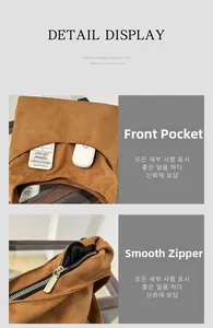 Détails du sac cabas en daim marron avec poche avant et fermeture éclair dorée