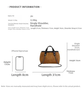 Brown faux suede tote bag dimensions 31x11x16cm with chain strap for daily commute