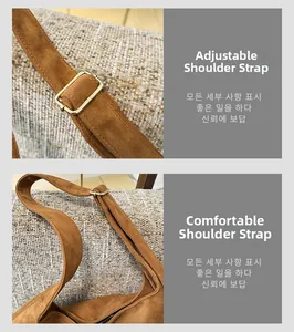 Détail de la bandoulière réglable et ferrures dorées sur sac porté épaule en daim marron