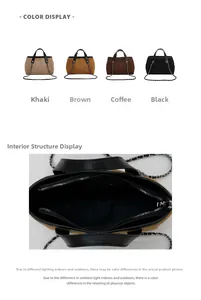 Detail view of large faux suede tote bag interior with chain strap and four color options