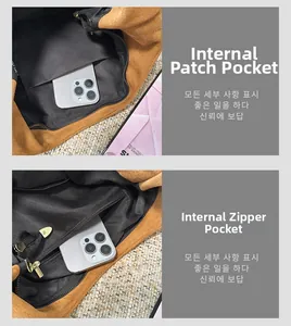 Détail intérieur du sac cabas en daim marron avec fermeture éclair et poches plates