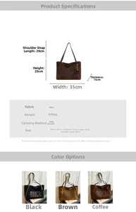 Detailed dimension chart and material specs for the matte leather tote bag in three colors