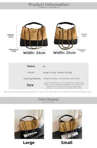 Size chart showing large and small dimensions for the two-tone quilted chain bucket bag