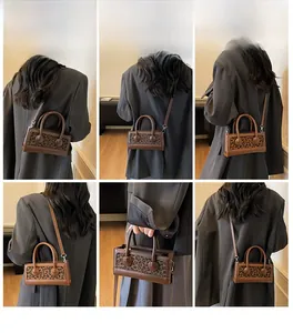 Collage of a leopard print crossbody bag showing handheld, shoulder and crossbody styles
