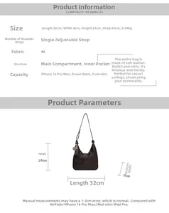 Tableau des tailles pour sac bandoulière vintage en cuir PU avec dimensions de 32x8x24cm