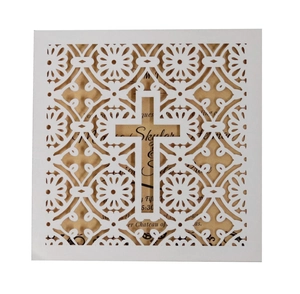 European laser-cut wedding invitation with hollow cross design and kraft paper insert