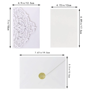 Detailed laser-cut lace invitation set with dimensions for envelope and insert card