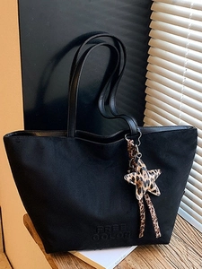 Large Capacity Suede PU Tote Bag For Women Vintage Shoulder Bag With Leopard Star Charm Fashion Commuter Solid Color Handbag