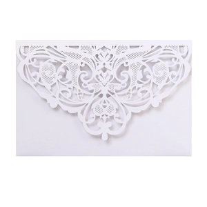 Elegant white laser cut lace wedding invitation cover with intricate floral patterns