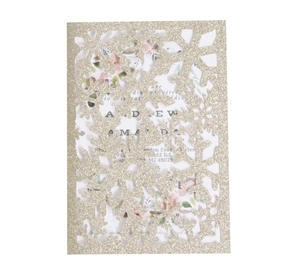 Invitation de mariage de Noël découpée au laser avec paillettes dorées et insert floral