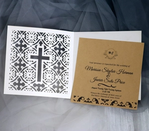 Detailed laser cut cross design on elegant white card for European wedding invitations
