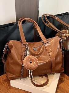 Women Large Capacity Tote Bag Vintage PU Leather Shoulder Bag Fashion Trendy Handbag With Donut Charm Casual Travel Crossbody Bag