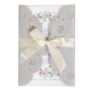 Glitter Laser Cut Wedding Invitation Cards With Envelopes Ribbon Rose Flower Hollow Design Romantic Party Invitations