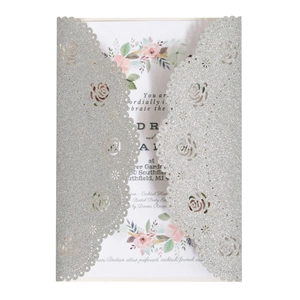 Elegant silver glitter laser cut rose wedding invitation set with floral inner card