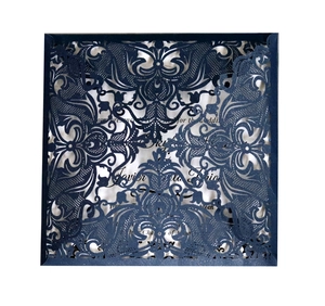 Elegant navy blue laser cut hollow wedding invitation with ornate floral patterns