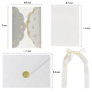 Silver glitter laser cut rose wedding invitations with ribbon and envelopes, 4.9x7 inches