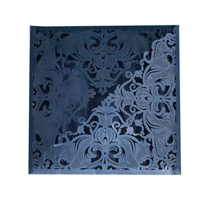 Elegant navy blue laser-cut square invitation card with intricate European lace patterns