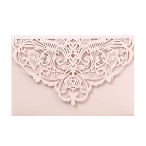 Elegant pink laser-cut lace wedding invitation card with pearlescent floral hollow design