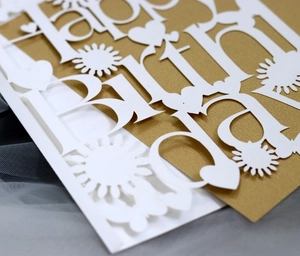 Laser-cut Happy Birthday card with hollow floral design and gold reflective backing