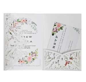 Elegant laser cut lace wedding invitation set with floral printed insert and RSVP card