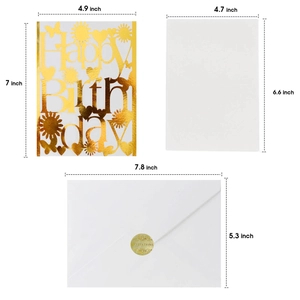 Golden laser-cut Happy Birthday card set with white envelope and invitations sticker