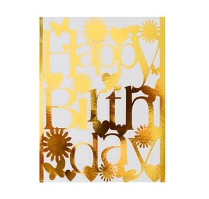 Detail of laser-cut Happy Birthday card in gold mirror finish with floral heart patterns