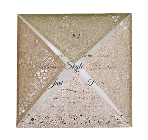 Champagne gold glitter laser cut square wedding invitation with floral mandala pattern