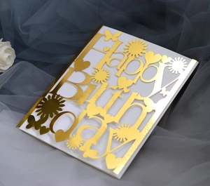 Elegant gold foil hollow Happy Birthday card with sun and butterfly laser-cut design